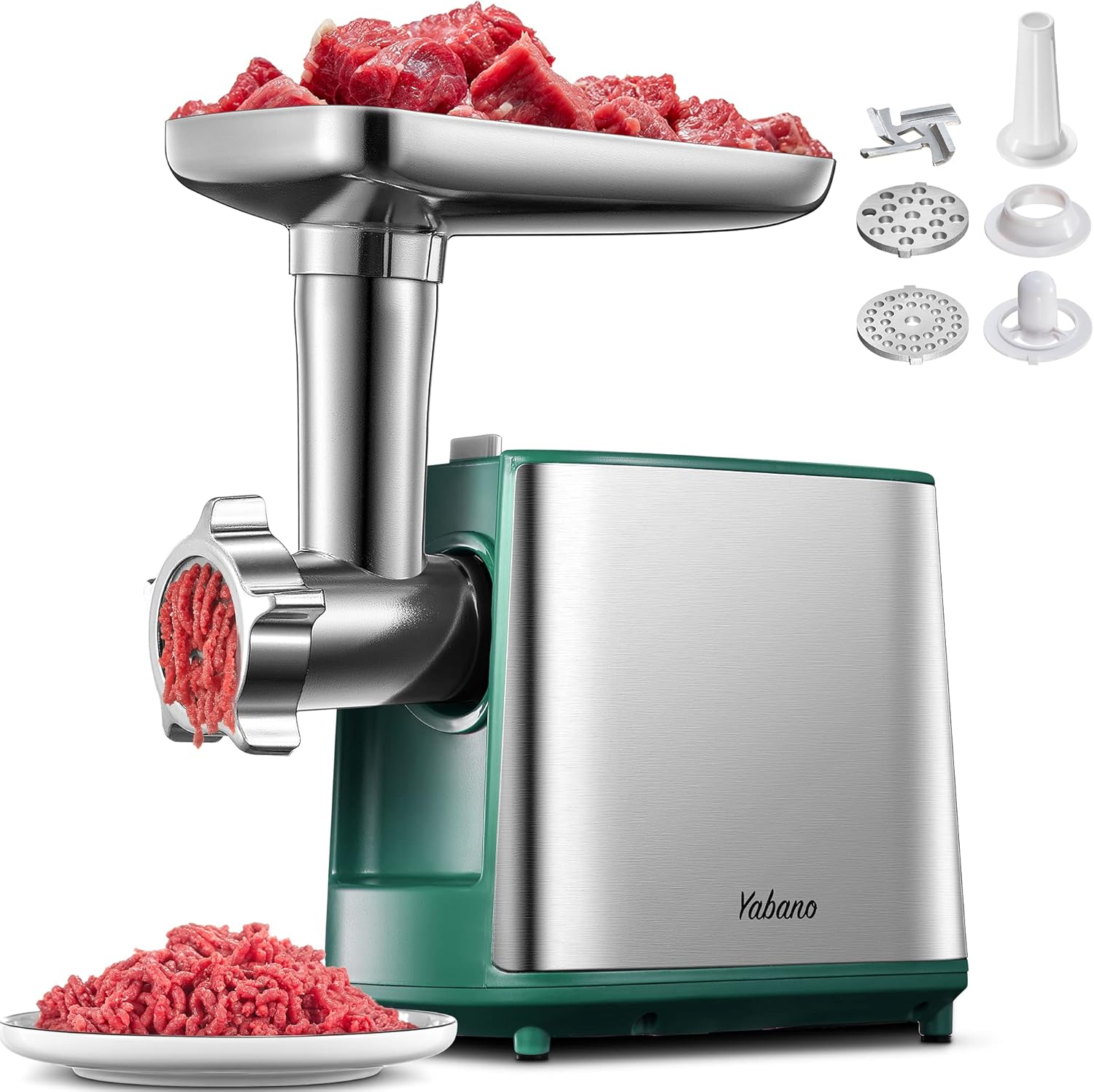 Yabano electric meat grinder in green with sausage stuffer maker, kubbe kit, and two stainless steel grinding plates